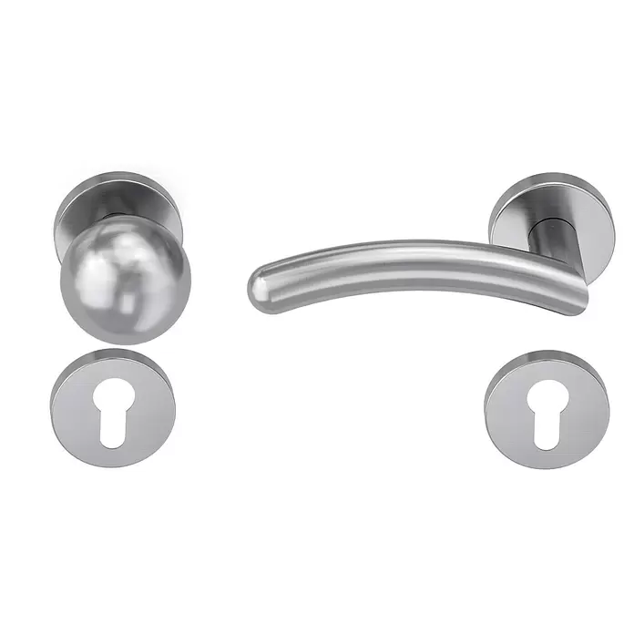 Diamond Doors Creative Wechselgarnitur Swing - Stärke Tür: 38 mm - 45 mm, Edelstahl matt, DIN Anschlag: Links - Zwei Türgriffe aus gebürstetem Silbermetall, ein Knauf und ein Hebel, mit passenden Schlüssellochschildern.