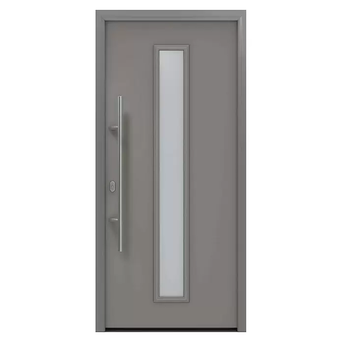 Hörmann EcoStar Haustür ISOPRO IP 020S - 110 x 210 cm, DIN Anschlag: Links, Graualuminium - Moderne graue Tür mit vertikalem Milchglaseinsatz, langem silbernen Stangengriff und Schlüsselloch.