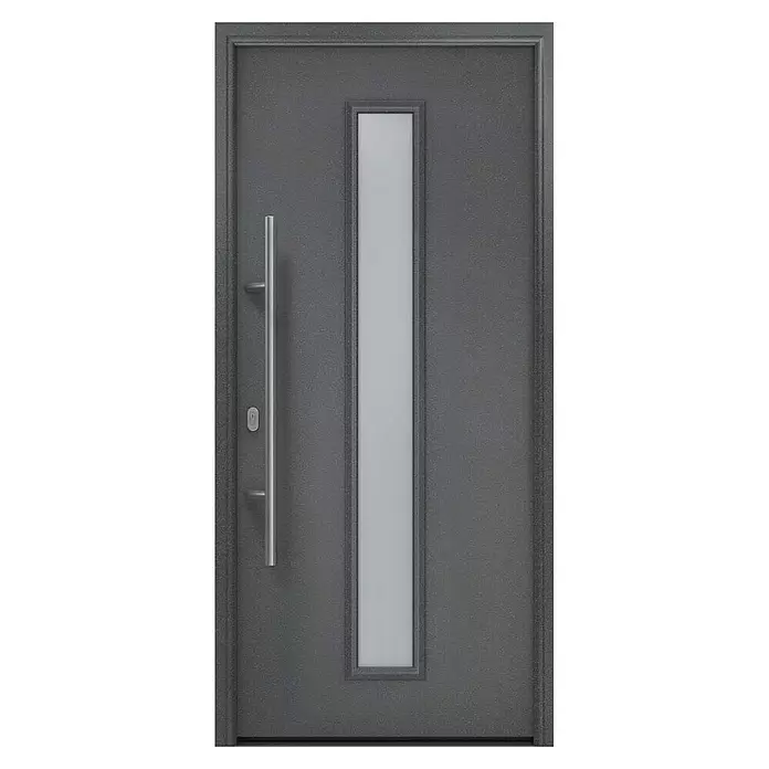 Hörmann EcoStar Haustür ISOPRO IP 020S - 110 x 210 cm, DIN Anschlag: Links, CH 703 Anthrazit Metallic - Moderne anthrazitfarbene Tür mit vertikalem Milchglasfenster und langem Stangengriff.
