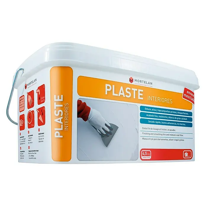 Gecol Masilla Plaste interiores Mortelan - 4,5 kg - Un cubo blanco de Mortelan Plaste Interiores, un yeso para interiores, ideal para alisar paredes y techos. 4,5 kg.