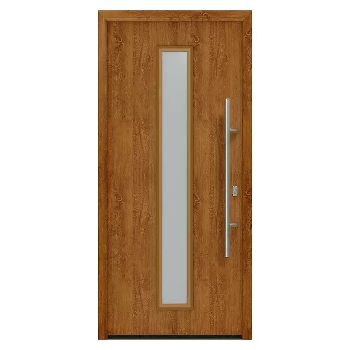 Hörmann EcoStar Haustür ISOPRO IP 020S - 110 x 210 cm, DIN Anschlag: Rechts, Golden Oak - Moderne braune Holzeingangstür mit vertikalem Milchglaseinsatz und langem silbernem Stangengriff.