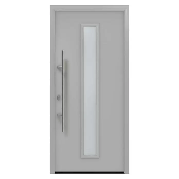Hörmann EcoStar Haustür ISOPRO IP 020S - 110 x 210 cm, DIN Anschlag: Links, Weißaluminium - Moderne graue Tür mit langem vertikalen Griff und mattiertem Glaseinsatz.