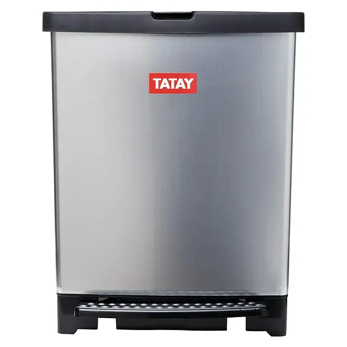 Tatay Cubo con pedal Pedal Trend - 25 l, Plástico, Gris/Negro - Un cubo de pedal Tatay plateado con tapa negra y pedal, diseñado para la eliminación higiénica de residuos domésticos.