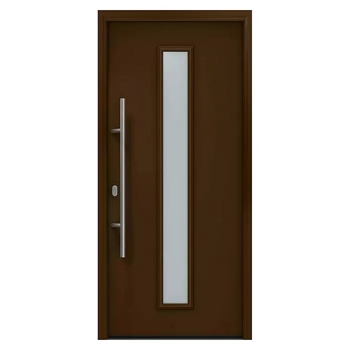 Hörmann EcoStar Haustür ISOPRO IP 020S - 110 x 210 cm, DIN Anschlag: Links, Terrabraun - Braune Tür mit langem silbernen Griff und vertikalem Milchglasfenster.