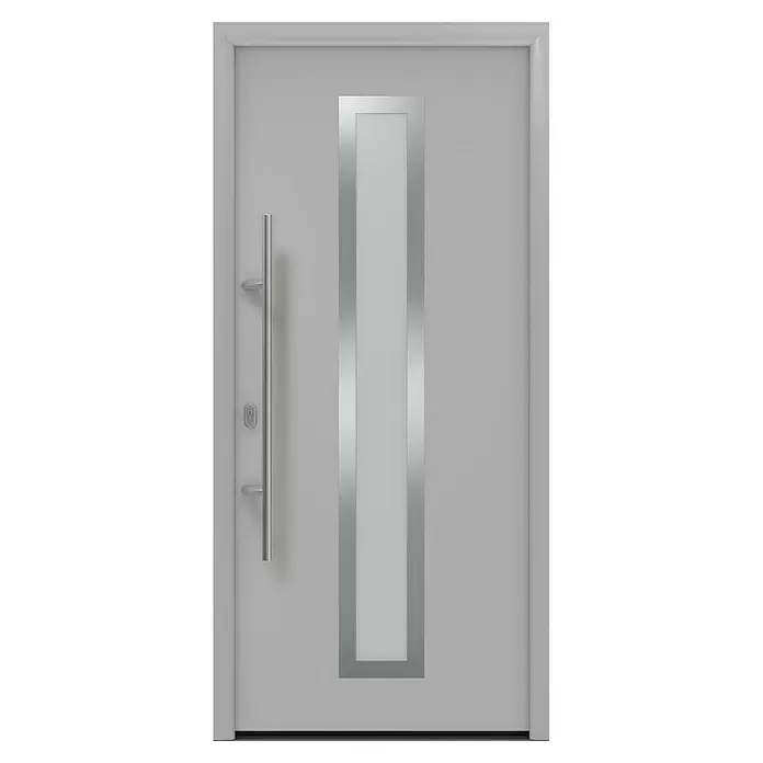 Hörmann EcoStar Haustür ISOPRO IP 700S - 110 x 210 cm, DIN Anschlag: Links, Weißaluminium - Moderne graue Eingangstür mit langem silbernem Stangengriff und rechteckigem Milchglaseinsatz mit silberner Umrandung.