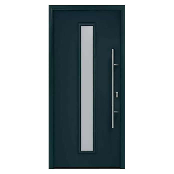 Hörmann EcoStar Haustür ISOPRO IP 020S - 110 x 210 cm, DIN Anschlag: Rechts, Anthrazitgrau - Moderne anthrazitfarbene Haustür mit vertikalem Milchglaseinsatz und langem Edelstahl-Stangengriff.