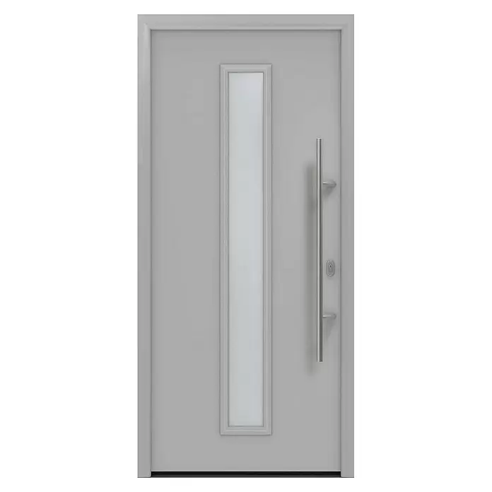 Hörmann EcoStar Haustür ISOPRO IP 020S - 110 x 210 cm, DIN Anschlag: Rechts, Weißaluminium - Moderne graue Tür mit vertikalem Glaseinsatz und langem Metallstangengriff.