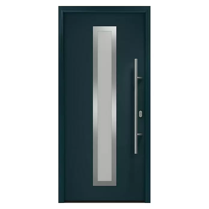 Hörmann EcoStar Haustür ISOPRO IP 700S - 110 x 210 cm, DIN Anschlag: Rechts, Anthrazitgrau - Moderne dunkelblaue Eingangstür mit langem vertikalen silbergerahmten Fenster, Stangengriff und Schloss.