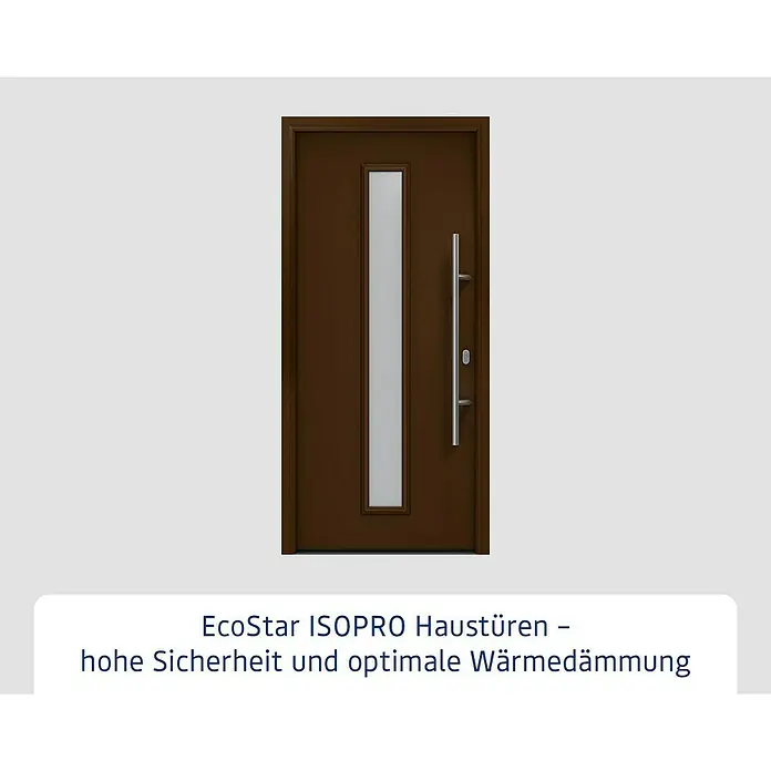 Hörmann EcoStar Haustür ISOPRO IP 020S - 110 x 210 cm, DIN Anschlag: Rechts, Terrabraun - Abgebildet ist eine moderne EcoStar ISOPRO Haustür in Braun mit einem schmalen, vertikalen Glaseinsatz und einem langen, silbernen Griff.
