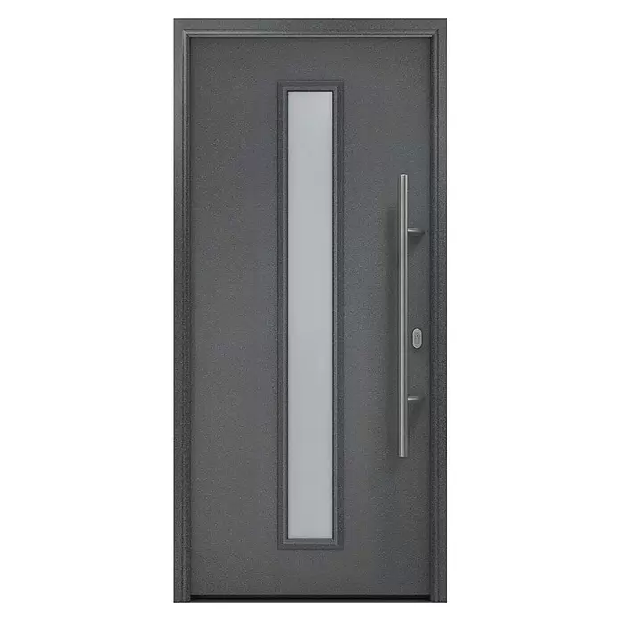 Hörmann EcoStar Haustür ISOPRO IP 020S - 110 x 210 cm, DIN Anschlag: Rechts, CH 703 Anthrazit Metallic - Moderne graue Eingangstür mit strukturierter Oberfläche, vertikaler Mattglasscheibe und langem Edelstahl-Stangengriff.