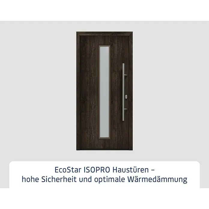 Hörmann EcoStar Haustür ISOPRO IP 020S - 110 x 210 cm, DIN Anschlag: Rechts, Night Oak - Moderne EcoStar ISOPRO Haustür in dunklem Holzdekor mit senkrechtem Glaseinsatz und langem, silberfarbenem Griff.