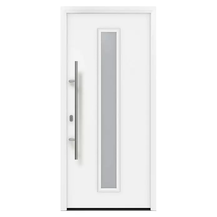 Hörmann EcoStar Haustür ISOPRO IP 020S - 110 x 210 cm, DIN Anschlag: Links, Verkehrsweiß - Weiße Tür mit vertikaler Milchglasscheibe, langem silbernem Stangengriff und Schlüsselloch.