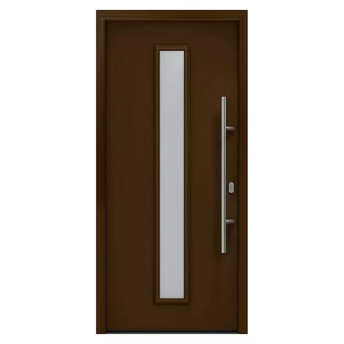 Hörmann EcoStar Haustür ISOPRO IP 020S - 110 x 210 cm, DIN Anschlag: Rechts, Terrabraun - Braune Eingangstür mit vertikaler Milchglasscheibe und langem silbernen Stangengriff.