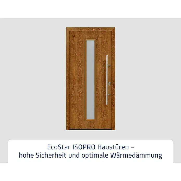 Hörmann EcoStar Haustür ISOPRO IP 020S - 110 x 210 cm, DIN Anschlag: Rechts, Golden Oak - Braune EcoStar ISOPRO Haustür mit Glasausschnitt und Edelstahlgriff für hohe Sicherheit und Wärmedämmung.