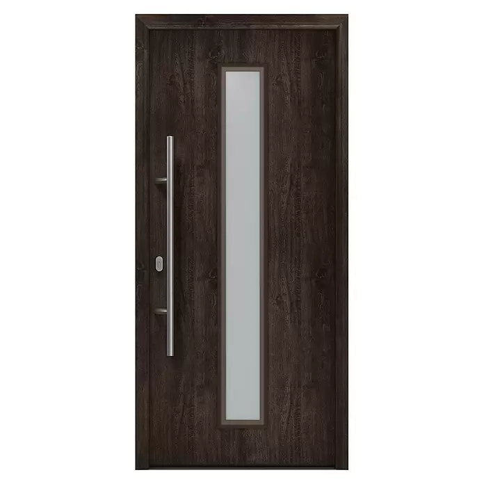 Hörmann EcoStar Haustür ISOPRO IP 020S - 110 x 210 cm, DIN Anschlag: Links, Night Oak - Dunkelbraune Haustür aus Holz mit vertikalem Milchglaseinsatz und langem silbernem Stangengriff.