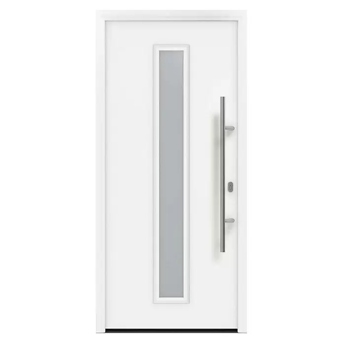 Hörmann EcoStar Haustür ISOPRO IP 020S - 110 x 210 cm, DIN Anschlag: Rechts, Verkehrsweiß - Weiße moderne Haustür mit langem vertikalem Milchglaseinsatz und gebürstetem Metallstangengriff.