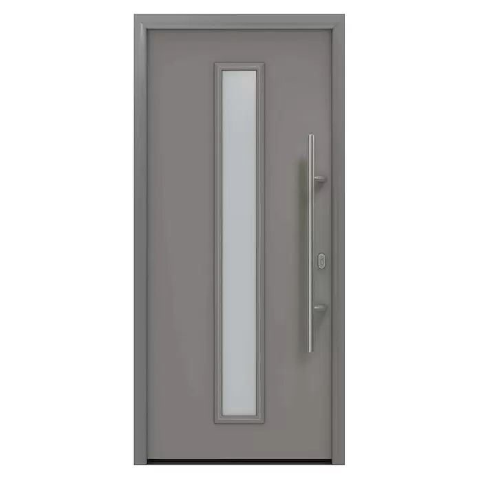 Hörmann EcoStar Haustür ISOPRO IP 020S - 110 x 210 cm, DIN Anschlag: Rechts, Graualuminium - Moderne graue Tür mit vertikaler Milchglasscheibe und langem silbernem Stangengriff.