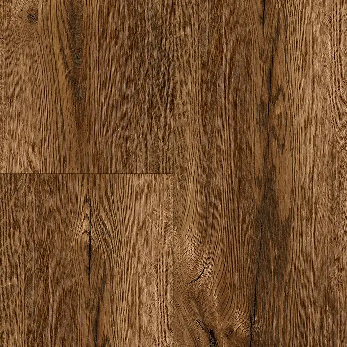 LOGOCLIC Ambienta Laminatmuster Eiche Mirandola - 296 x 195 x 1 mm, Landhausdiele - Nahaufnahme eines Holzfußbodens mit detaillierter Maserung und warmer Farbgebung.
