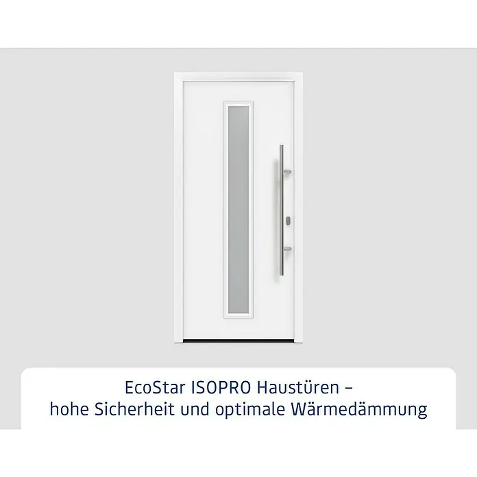 Hörmann EcoStar Haustür ISOPRO IP 020S - 110 x 210 cm, DIN Anschlag: Rechts, Verkehrsweiß - Bild einer weißen EcoStar ISOPRO Haustür mit Glasausschnitt und einem langen, silbernen Griff für hohe Sicherheit und Wärmedämmung.