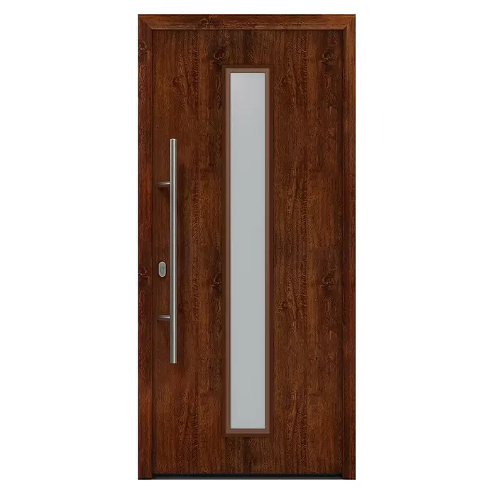 Hörmann EcoStar Haustür ISOPRO IP 020S - 110 x 210 cm, DIN Anschlag: Links, Dark Oak - Moderne braune Holztür mit vertikaler Milchglasscheibe, langem silbernem Griff und Schloss.