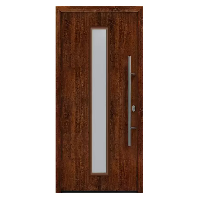 Hörmann EcoStar Haustür ISOPRO IP 020S - 110 x 210 cm, DIN Anschlag: Rechts, Dark Oak - Dunkelbraune Holztür mit vertikaler Glasscheibe, langem Silbergriff und Schlüsselloch.