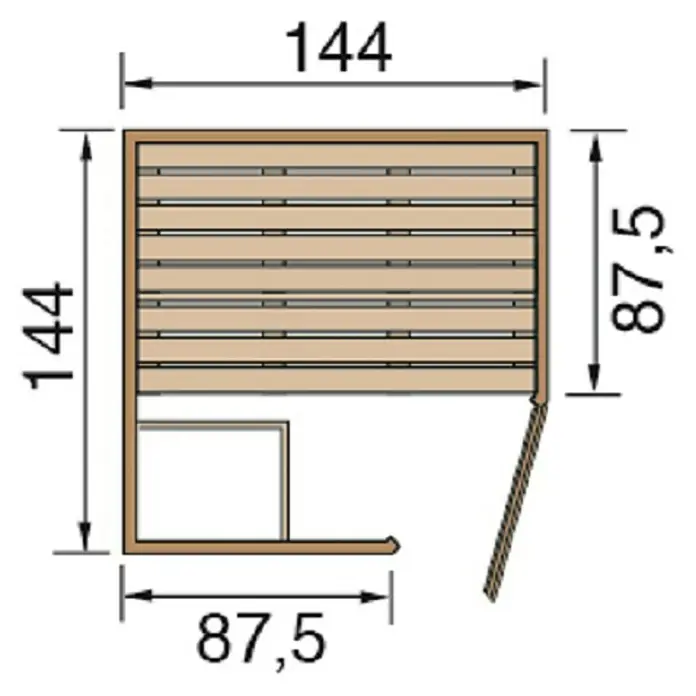 Weka Massivholzsauna Laukkala 1 GT - Ohne Ofen, L x B x H: 144 x 144 x 200 cm, Inkl. Spezial-Saunenleuchten-Set - Draufsicht auf eine Ecksauna mit den Maßen 144 x 144 cm und 87,5 x 87,5 cm. Die Sauna hat eine Holzausstattung und eine Tür.