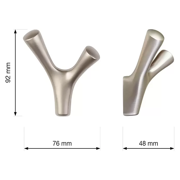 Walteco Garderobenhaken Amioso II - L x B x H: 76 x 48 x 92 mm, Anzahl Haken: 2 Stk., Vernickelt matt - Satinierter Nickel-Y-Haken, 92 mm hoch, 76 mm breit, 48 mm tief, von vorne und Seite gezeigt.