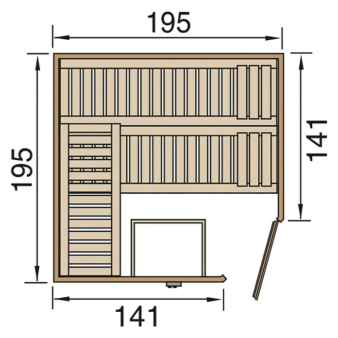 Weka Massivholzsauna Cubilis 2 GTF - Ohne Ofen, L x B x H: 195 x 195 x 205 cm - Draufsicht auf eine Sauna mit den Maßen 195 x 195 cm und 141 x 141 cm. Die Sauna hat Holzbänke und einen Ofen.