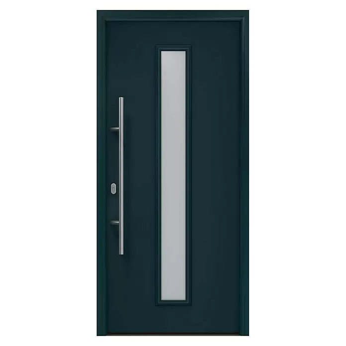 Hörmann EcoStar Haustür ISOPRO IP 020S - 110 x 210 cm, DIN Anschlag: Links, Anthrazitgrau - Dunkelblaue Eingangstür mit vertikalem Milchglaseinsatz und langem Griff aus gebürstetem Metall.