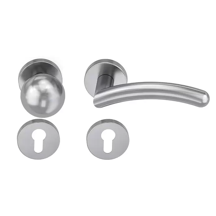Diamond Doors Creative Wechselgarnitur Swing - Stärke Tür: 38 mm - 45 mm, Edelstahl matt, DIN Anschlag: Rechts - Set gebürsteter Edelstahl-Türgriffe und Schlüssellochblenden.