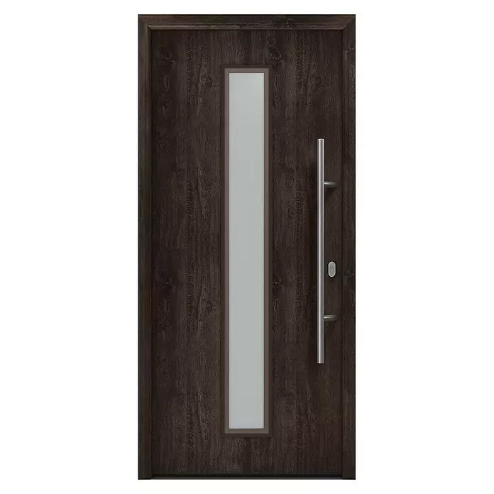 Hörmann EcoStar Haustür ISOPRO IP 020S - 110 x 210 cm, DIN Anschlag: Rechts, Night Oak - Dunkelbraune Holztür mit vertikaler Milchglasscheibe, langem silbernen Stangengriff und Schlüsselloch.