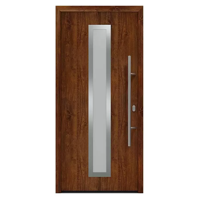 Hörmann EcoStar Haustür ISOPRO IP 700S - 110 x 210 cm, DIN Anschlag: Rechts, Dark Oak - Dunkelbraune Holztür mit mittiger silberner Vertikalplatte und langem silbernem Stangengriff.