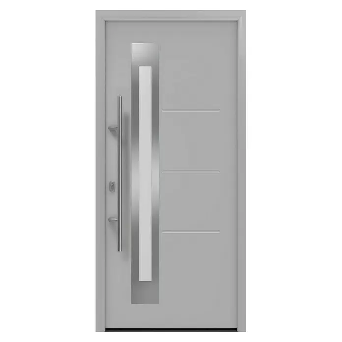 Hörmann EcoStar Haustür ISOPRO IP 780S - 110 x 210 cm, DIN Anschlag: Links, Weißaluminium - Moderne hellgraue Tür mit vertikalem Milchglaseinsatz, gebürstetem Metallrahmen, langem Metallgriff und drei horizontalen Rillen.