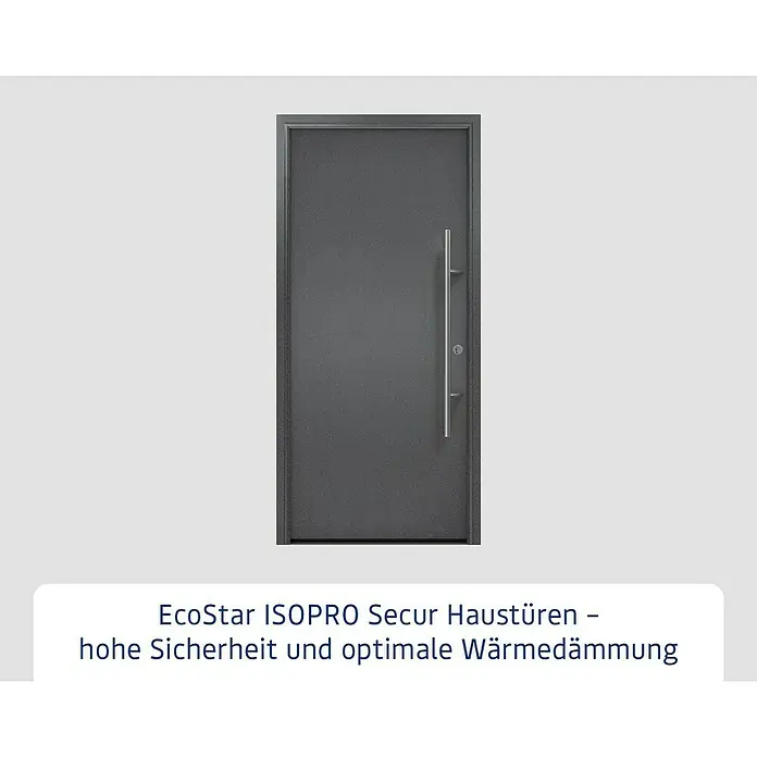 Hörmann EcoStar Haustür ISOPRO Secur IPS 010 - 110 x 210 cm, DIN Anschlag: Rechts, CH 703 Anthrazit Metallic - Graue EcoStar ISOPRO Secur Haustür mit langem, silbernem Griff, die hohe Sicherheit und optimale Wärmedämmung bietet.