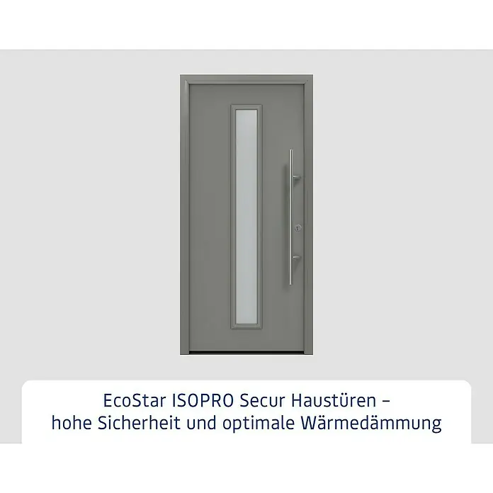 Hörmann EcoStar Haustür ISOPRO Secur IPS 020S - 110 x 210 cm, DIN Anschlag: Rechts, Graualuminium - Eine moderne graue Haustür mit einem länglichen Fenster und einem vertikalen Griff. Sie bietet Sicherheit und Wärmeisolierung.