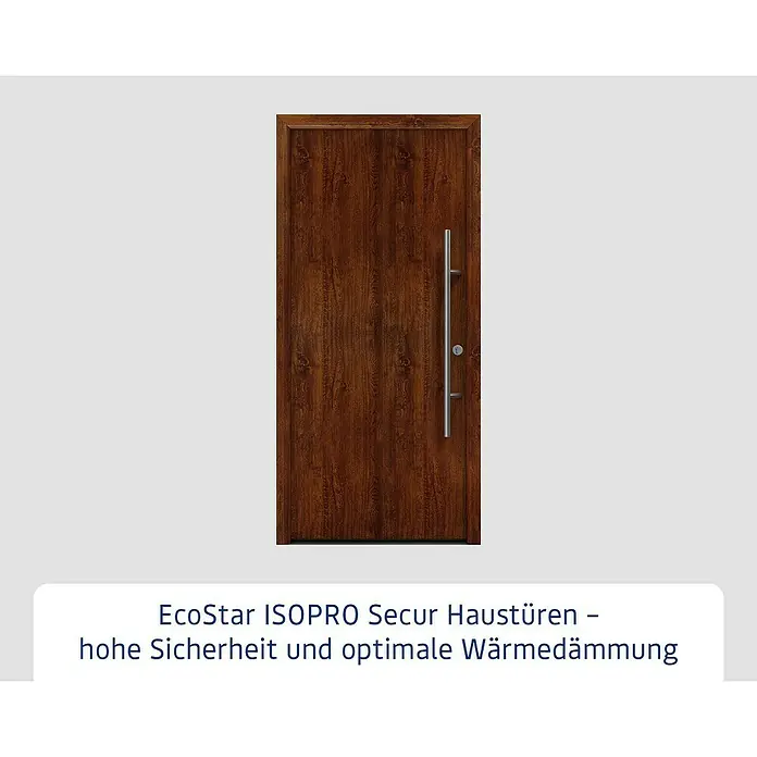 Hörmann EcoStar Haustür ISOPRO Secur IPS 010 - 110 x 210 cm, DIN Anschlag: Rechts, Dark Oak - Abbildung einer EcoStar ISOPRO Secur Haustür in Holzoptik mit langem, geraden Griff für hohe Sicherheit und optimale Wärmedämmung.