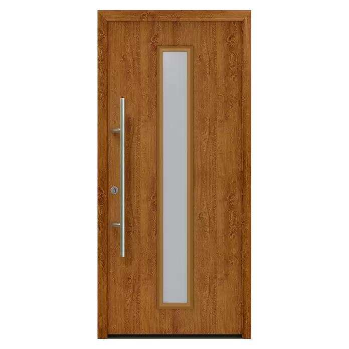 Hörmann EcoStar Haustür ISOPRO Secur IPS 020S - 110 x 210 cm, DIN Anschlag: Links, Golden Oak - Moderne braune Holztür mit vertikalem Milchglaspanel und Edelstahl-Stangengriff.