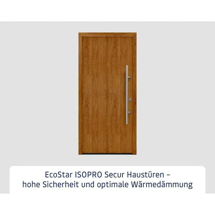 Hörmann EcoStar Haustür ISOPRO Secur IPS 010 - 110 x 210 cm, DIN Anschlag: Rechts, Golden Oak - Bild einer EcoStar ISOPRO Secur Haustür in Holzoptik mit Griff. Hohe Sicherheit und optimale Wärmedämmung.