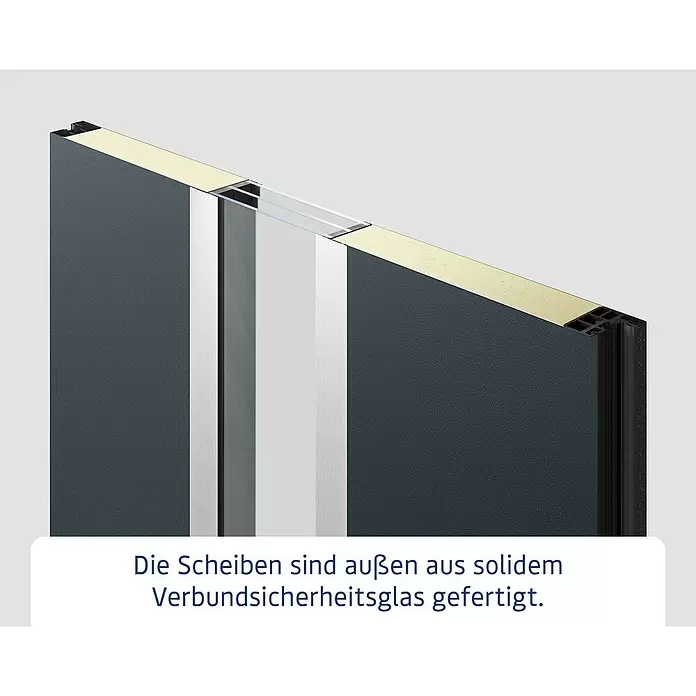 Hörmann EcoStar Haustür ISOPRO IP 810S - 110 x 210 cm, DIN Anschlag: Links, Graualuminium - Querschnitt eines dunkelgrauen Türpaneels, das Innendämmung und massives Verbundsicherheitsglas zeigt.