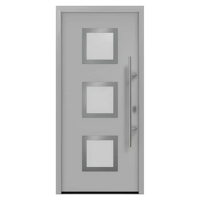 Hörmann EcoStar Haustür ISOPRO IP 810S - 110 x 210 cm, DIN Anschlag: Rechts, Weißaluminium - Hellgraue moderne Tür mit drei quadratischen Milchglas-Einsätzen und vertikalem Griff aus gebürstetem Metall.