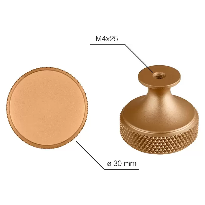 Walteco Möbelknopf Dieren - Durchmesser: 30 mm, Aluminium, Gold - Goldfarbener Metallknopf mit gerändeltem Sockel, M4x25 Gewinde und 30mm Durchmesser, von oben und Seite gezeigt.