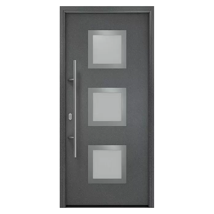 Hörmann EcoStar Haustür ISOPRO IP 810S - 110 x 210 cm, DIN Anschlag: Links, CH 703 Anthrazit Metallic - Moderne dunkelgraue Stahltür mit drei Milchglasfenstern und vertikalem silbernem Stangengriff.