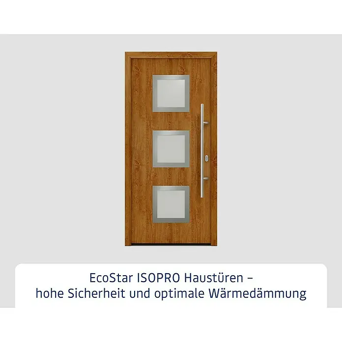 Hörmann EcoStar Haustür ISOPRO IP 810S - 110 x 210 cm, DIN Anschlag: Rechts, Golden Oak - EcoStar ISOPRO Haustür mit Holzoptik, drei quadratischen Glaseinsätzen und einem eleganten, langen Türgriff.