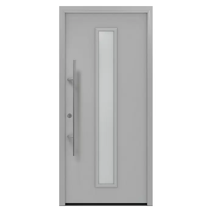 Hörmann EcoStar Haustür ISOPRO Secur IPS 020S - 110 x 210 cm, DIN Anschlag: Links, Weißaluminium - Hellgraue moderne Tür mit langem silbernen Stangengriff und vertikaler Milchglasscheibe.
