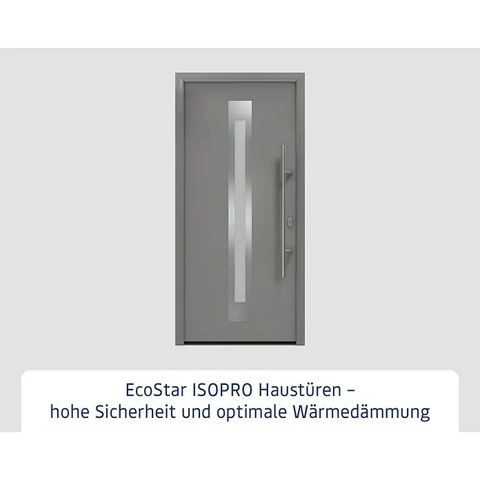 Hörmann EcoStar Haustür ISOPRO IP 770S - 110 x 210 cm, DIN Anschlag: Rechts, Graualuminium - EcoStar ISOPRO Haustür: Graue Haustür mit schmalem, länglichem Glaseinsatz und langem, senkrechtem Griff.