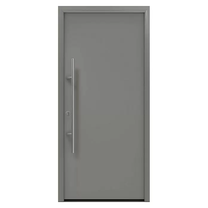 Hörmann EcoStar Haustür ISOPRO Secur IPS 010 - 110 x 210 cm, DIN Anschlag: Links, Graualuminium - Graue moderne Tür mit langem vertikalem silbernen Griff und silbernem Schlüsselloch.