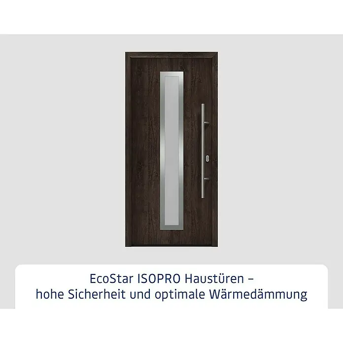 Hörmann EcoStar Haustür ISOPRO IP 700S - 110 x 210 cm, DIN Anschlag: Rechts, Night Oak - EcoStar ISOPRO Haustür in dunkler Holzoptik mit langem, silberfarbenem Griff und Glaseinsatz. Hohe Sicherheit und Wärmedämmung.