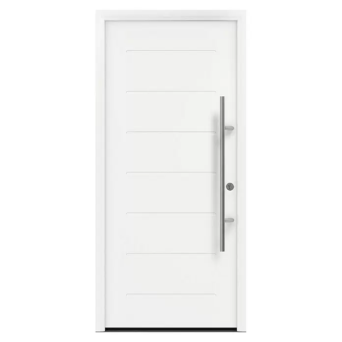Hörmann EcoStar Haustür ISOPRO Secur IPS 015 - 110 x 210 cm, DIN Anschlag: Rechts, Verkehrsweiß - Moderne weiße Tür mit horizontalen vertieften Linien und vertikalem Edelstahl-Stangengriff mit Schloss.