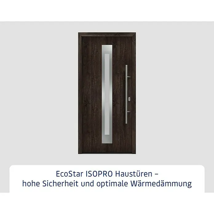 Hörmann EcoStar Haustür ISOPRO IP 770S - 110 x 210 cm, DIN Anschlag: Rechts, Night Oak - Eine moderne EcoStar ISOPRO Haustür in dunklem Holzdesign mit einem vertikalen Glaselement und einem eleganten, langen Türgriff.