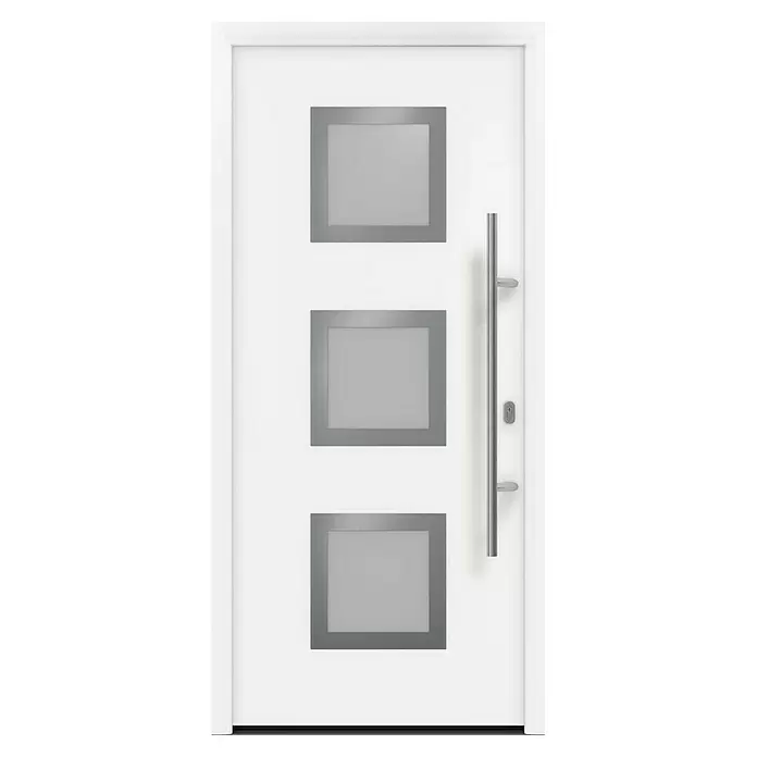 Hörmann EcoStar Haustür ISOPRO IP 810S - 110 x 210 cm, DIN Anschlag: Rechts, Verkehrsweiß - Weiße moderne Eingangstür mit drei grauen quadratischen Glaseinsätzen und einem langen silbernen Stangengriff.